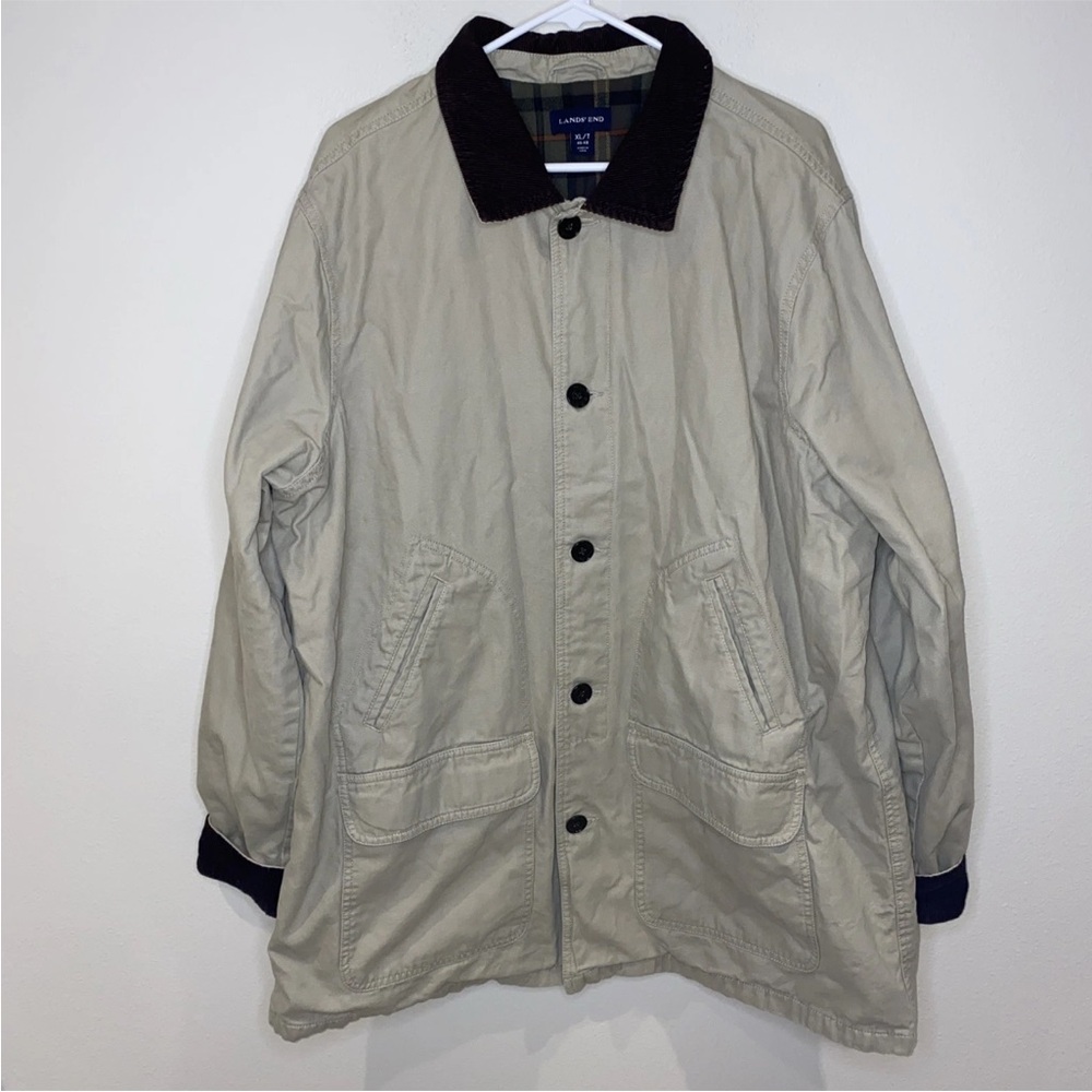 Lands End Vintage Flannel‎ Lined Canvas Coat Men's XL T 46-48 Beige Pockets